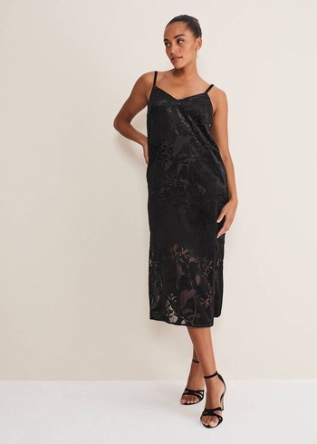 Phase Eight Fayette Textured Velvet Slip Dress Black USA | 4130829-HW